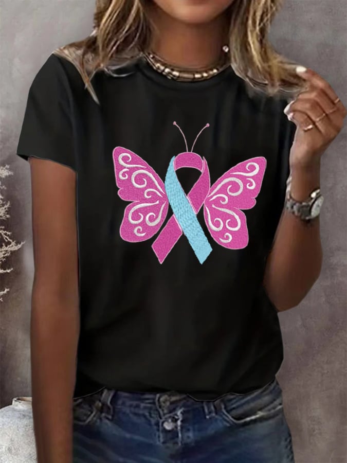 Women's Butterfly Pink Ribbon Breast Cancer Awareness Print T-Shirt