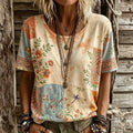Women's Vintage Hippie Floral And Dragonfly Pattern Art  Short Sleeve Tops