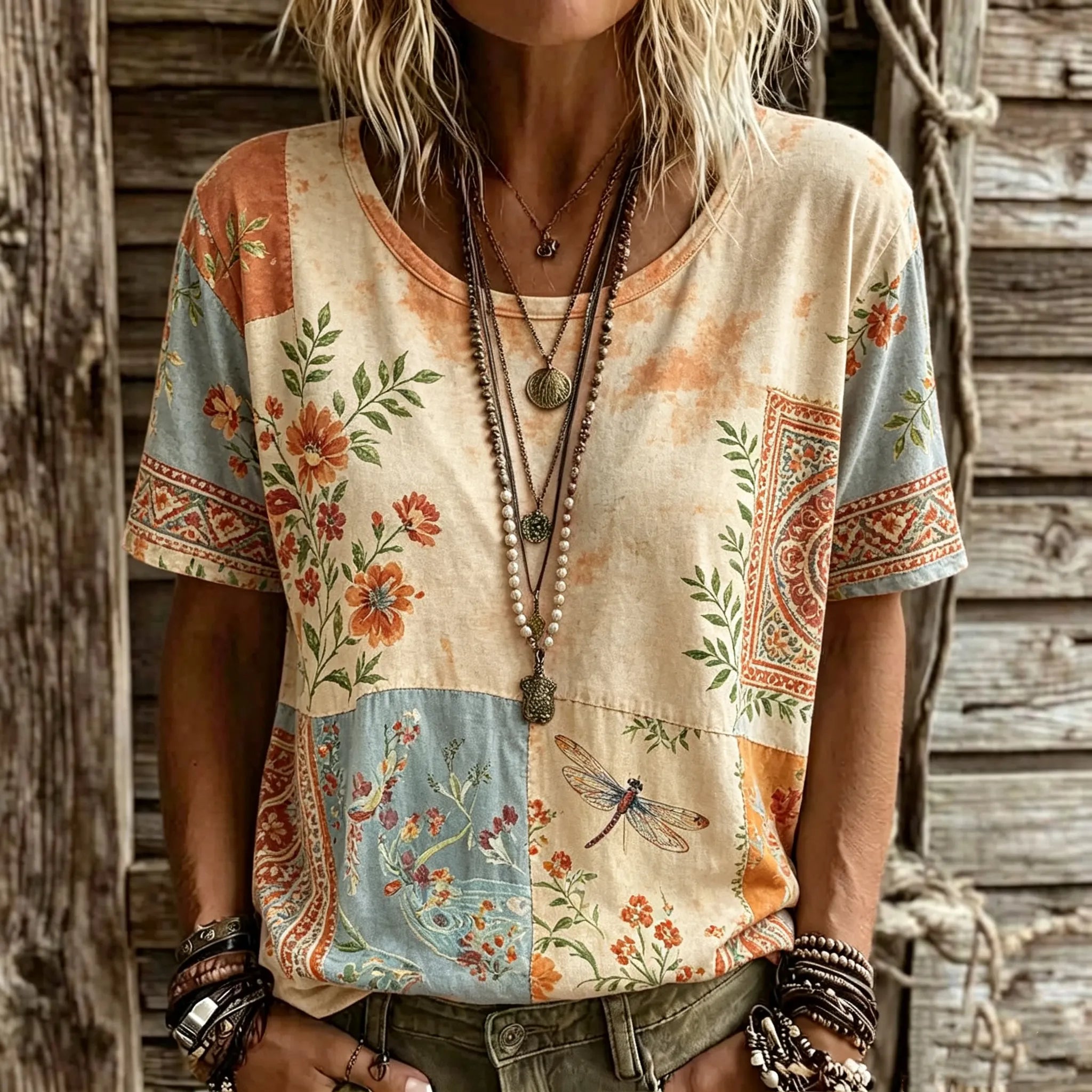 Women's Vintage Hippie Floral And Dragonfly Pattern Art  Short Sleeve Tops