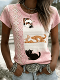Women's Casual Retro Short-Sleeve Top with Floral Breast Cancer Awareness Print
