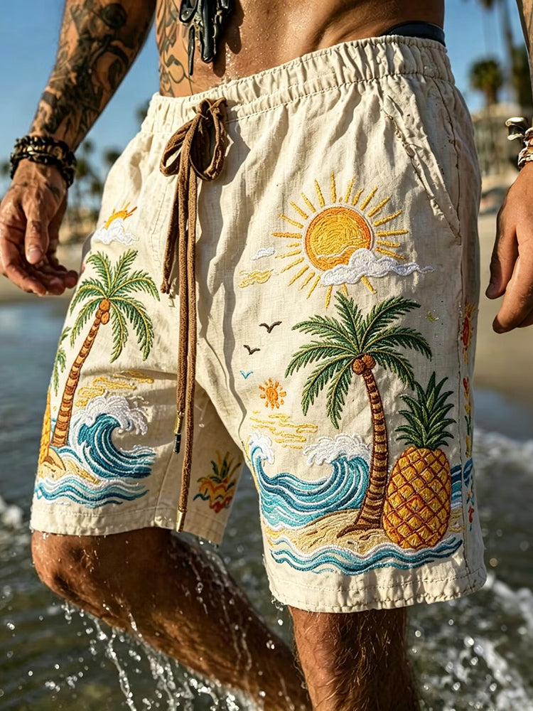 Men's Colorful Hippie Sun And Coconut Tree Pattern Casual Linen Blend Shorts