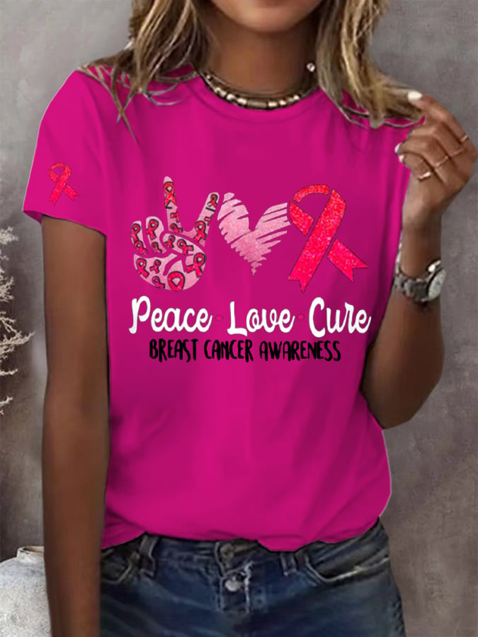 Women's Peace Love Cure Breast Cancer Printed Round Neck Short Sleeve T-Shirt
