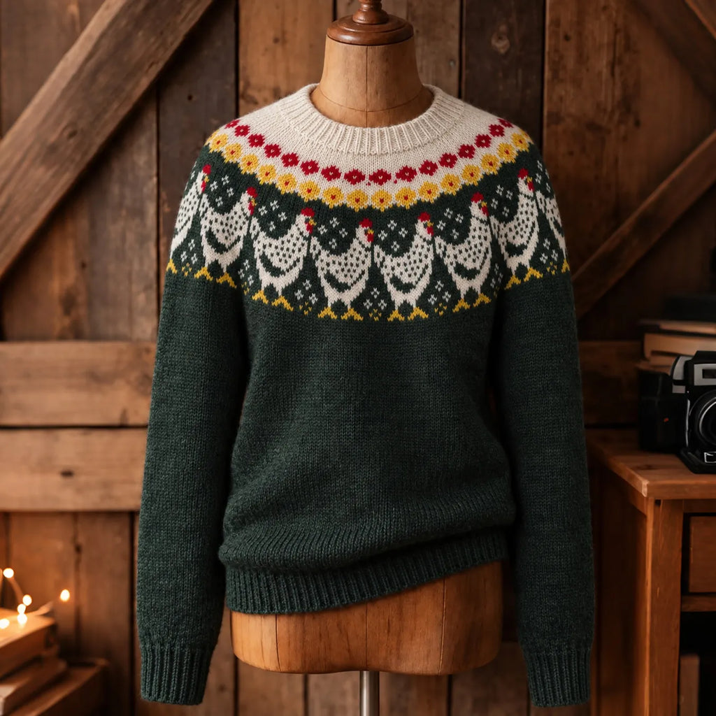 Women's Retro Chicken Print Cozy Fair Isle Style Knit Sweater