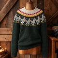 Women's Retro Chicken Print Cozy Fair Isle Style Knit Sweater