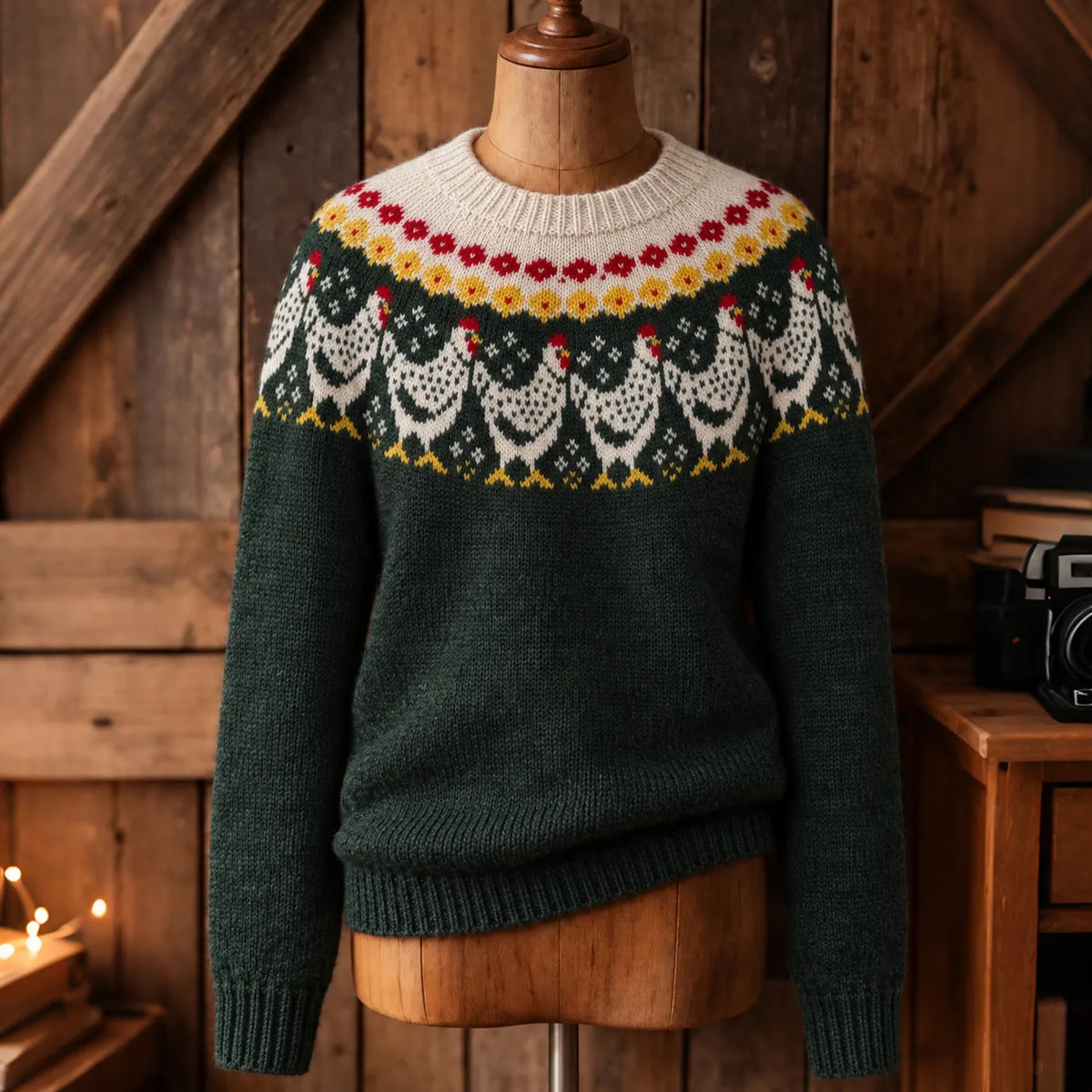 Women's Retro Chicken Print Cozy Fair Isle Style Knit Sweater