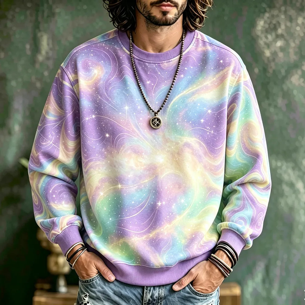 Men's Casual Crewneck Sweatshirt With Purple Nebula, Galaxy, And Starry Night Graphic Print