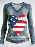 Women's distressed V-neck top with flag patchwork design