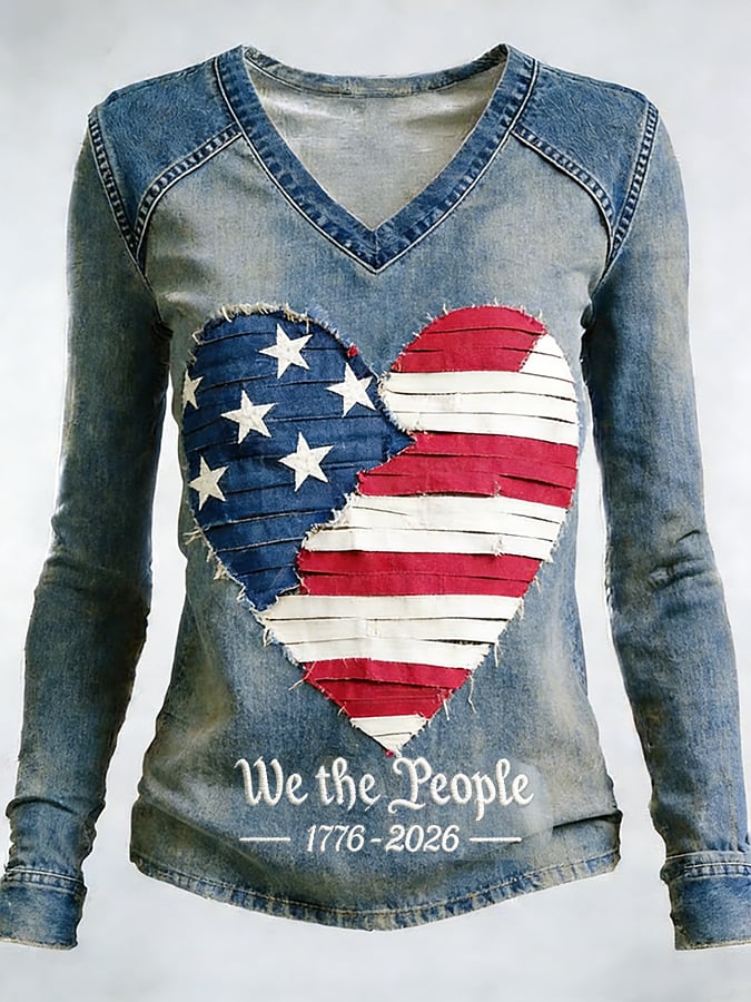Women's distressed V-neck top with flag patchwork design