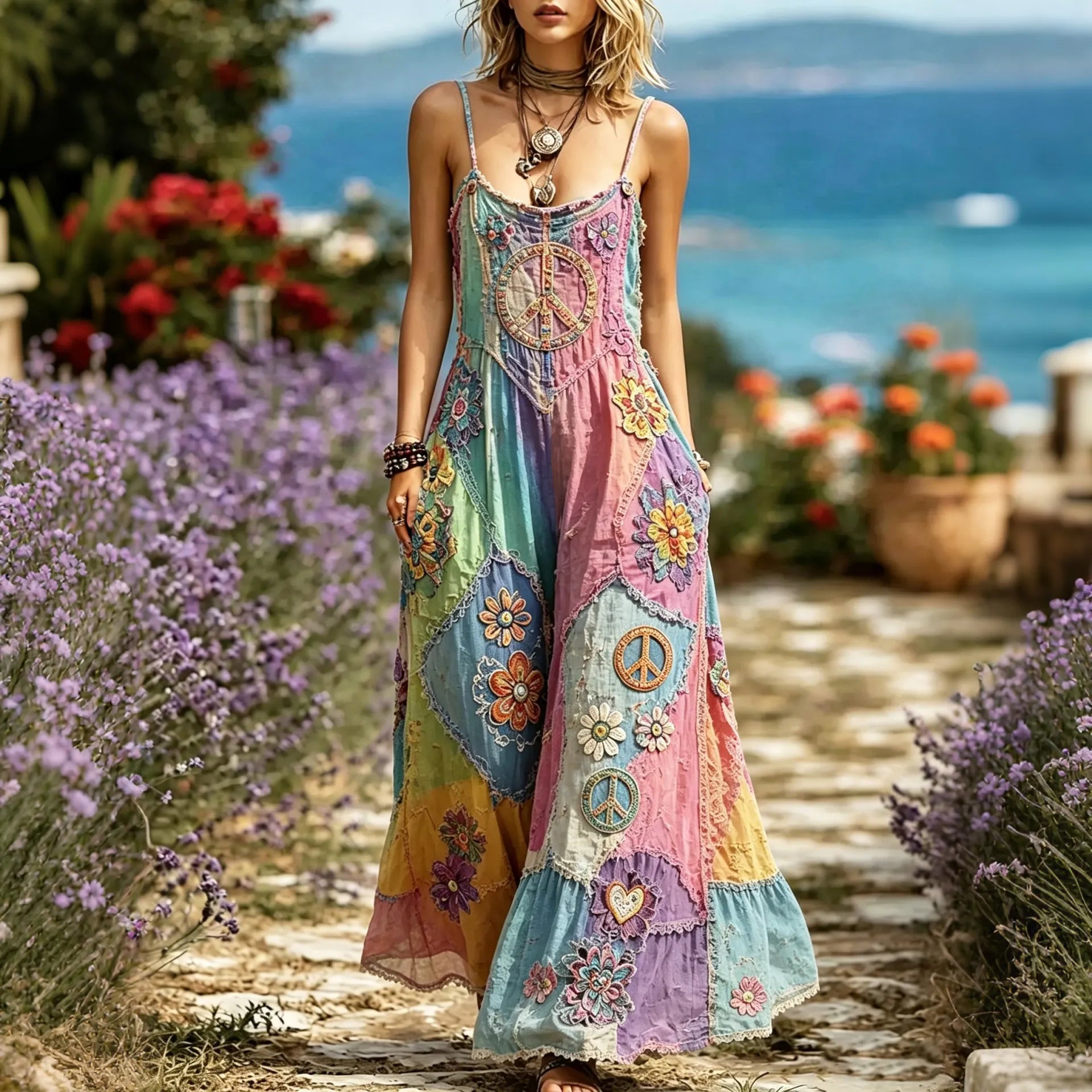 Women's Hippie Floral Peace Symbol Embroidered Patchwork Sleeveless Dress