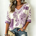 Women's Retro Floral Color Block Print Linen Blend Casual V-neck Three-quarter Sleeve T-shirt