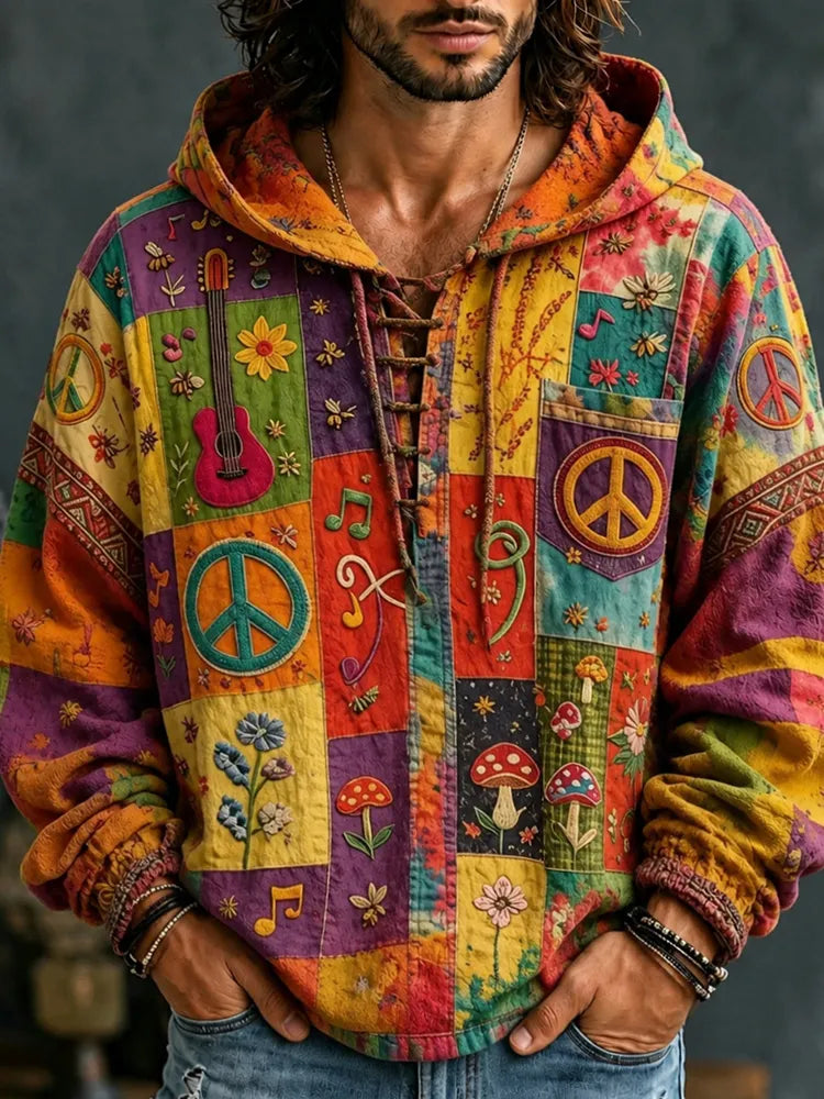 Men's Peace Sign And Guitar Hippie Patchwork Print Hoodie