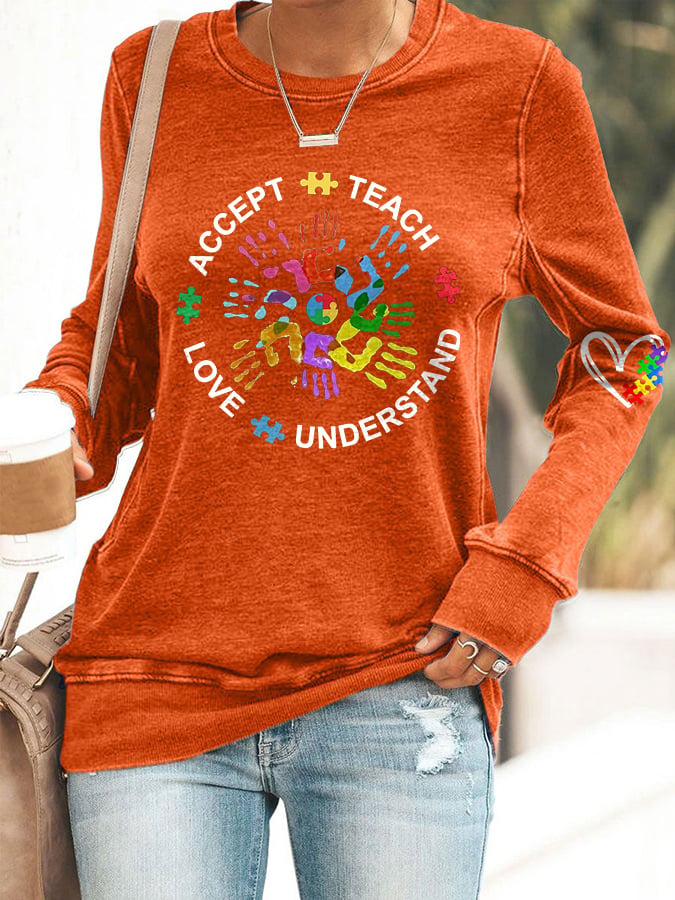 Women's Autism Teach Love Understand Print Sweatshirt
