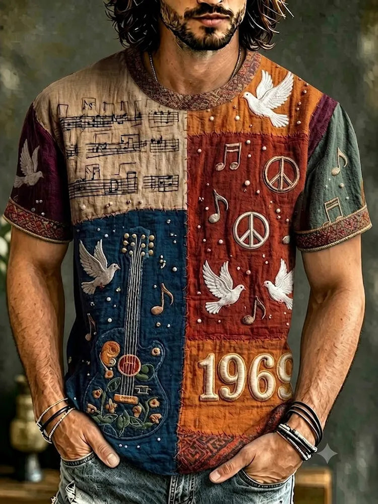 Men's Retro Hippie Color Block Pattern Casual Short-sleeve T-shirt