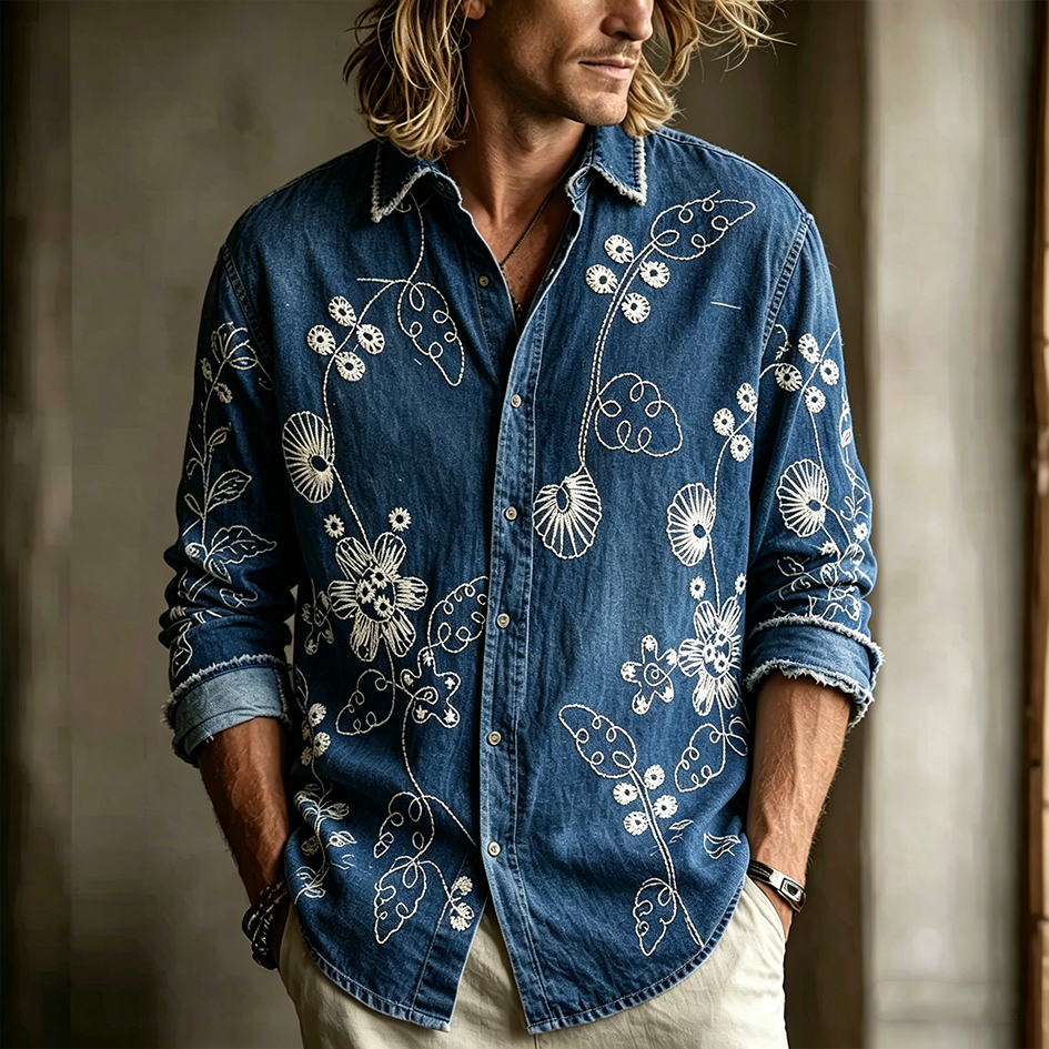 Men's Retro Plant Flower Embroidery Pattern Design Casual Linen Shirt