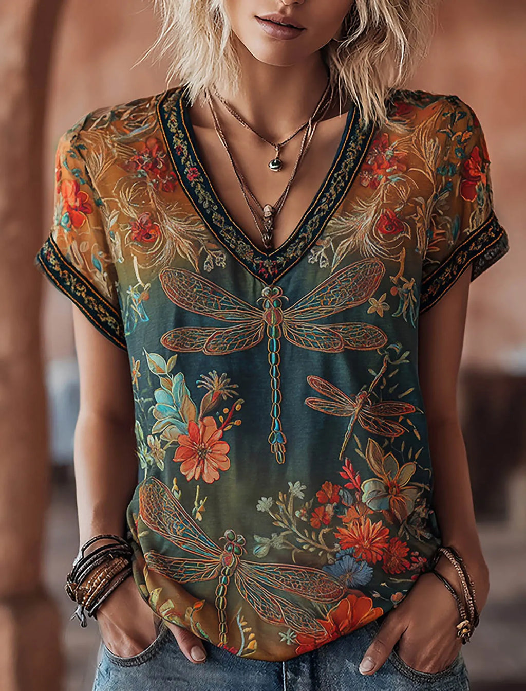 Women's Vintage Dragonfly And Floral Art Print V Neck Linen Blend Short Sleeve Tops