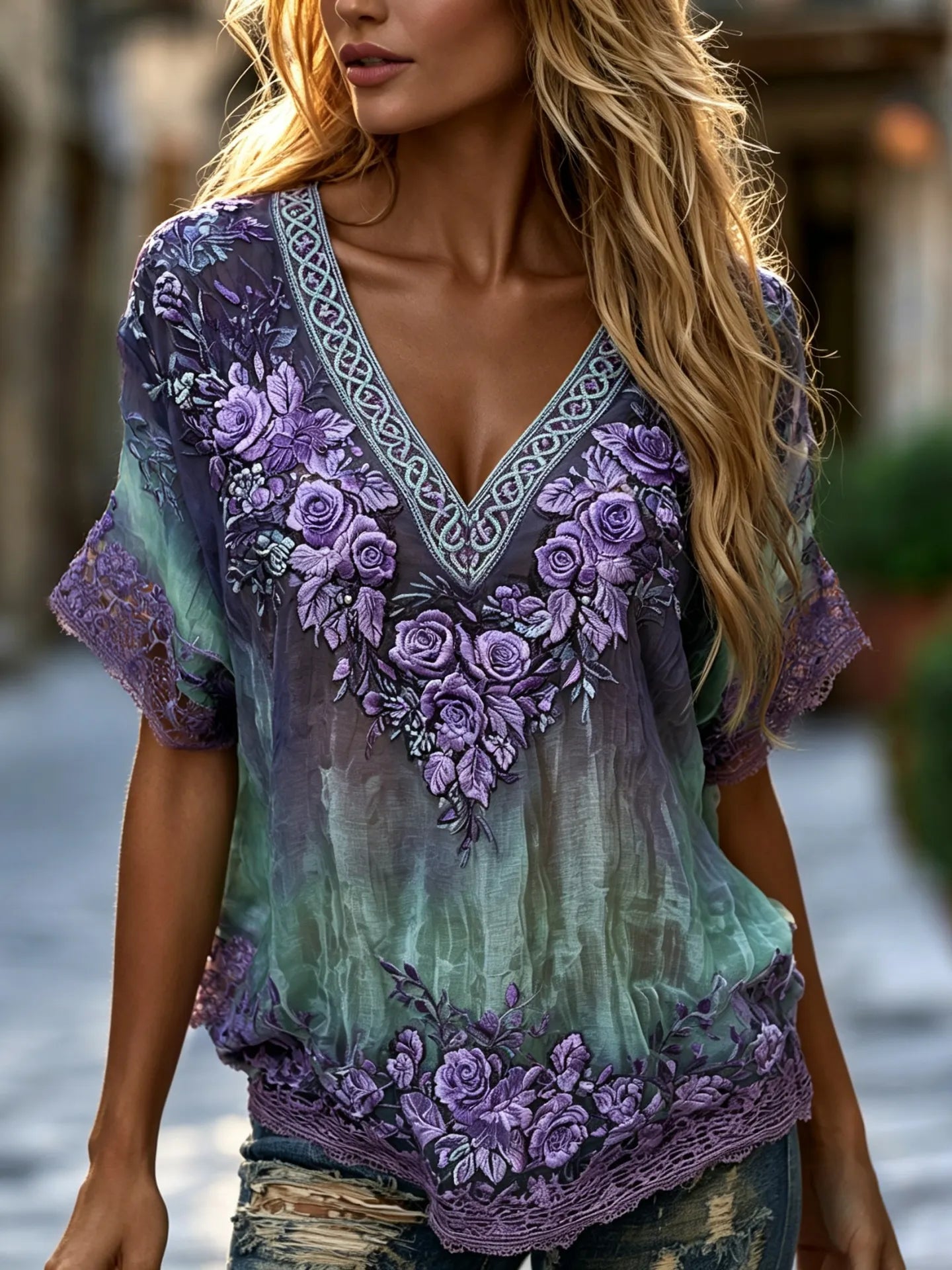 Women's Vintage Floral Gradient Art Embroidery Cotton Linen Short Sleeve Top