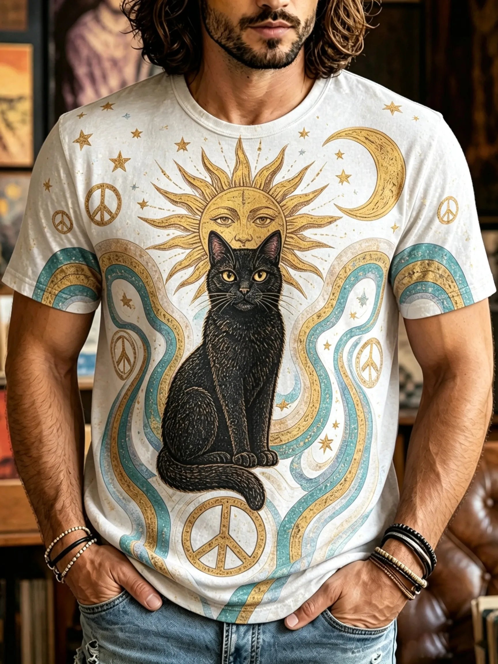 Men's Cosmic Purple Sun, Moon, And Black Cat Print Short Sleeve T-shirt