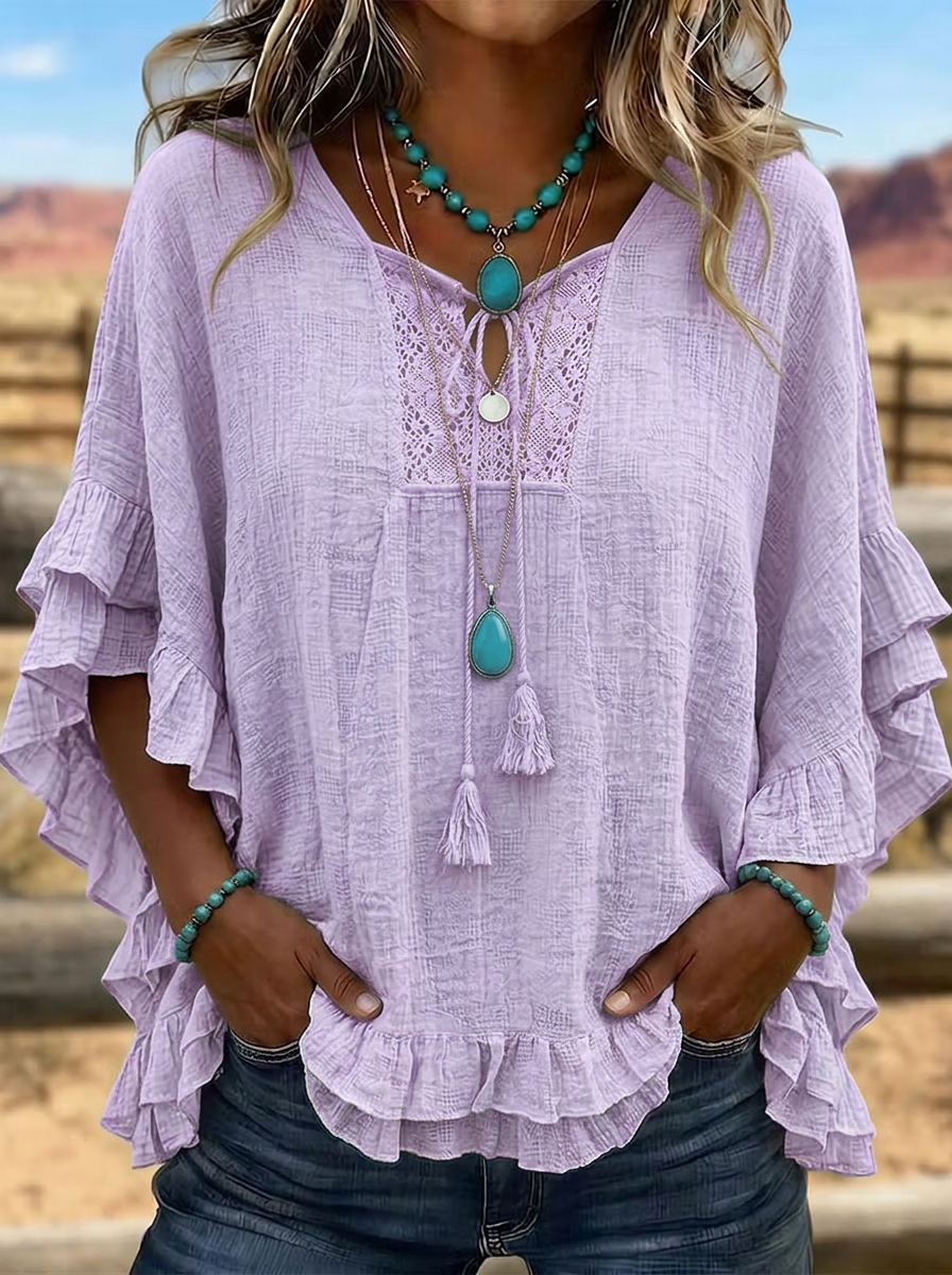 Women's Western Vintage Lace Ruffle Trim Printed Top
