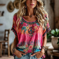 Women's Hippie Peace Floral Art Flowy Linen Blend Casual Tops