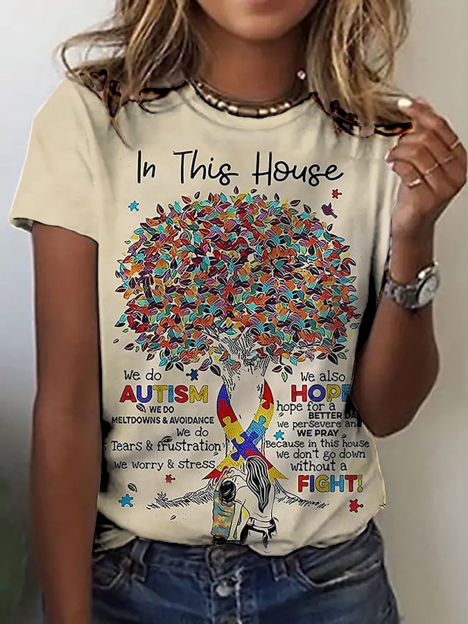 Women’s Retro In This House We Do Autism We Do Meltdowns And Avoidance Autism Awareness Print Short Sleeve Casual T-Shirt