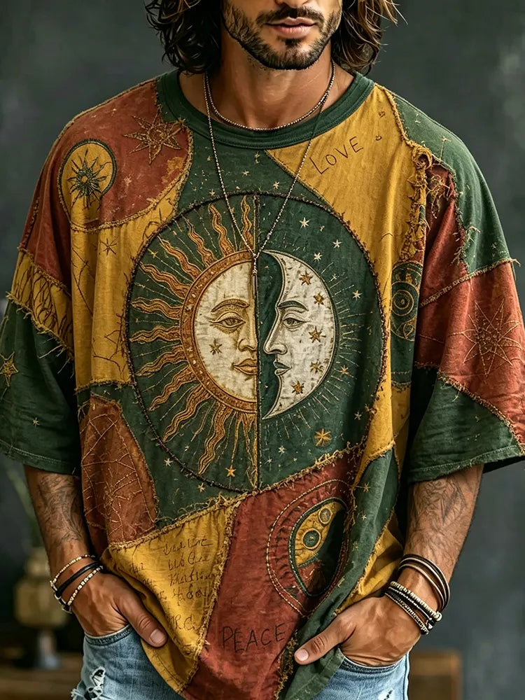 Men's Retro Sun And Moon Color Block T-shirt