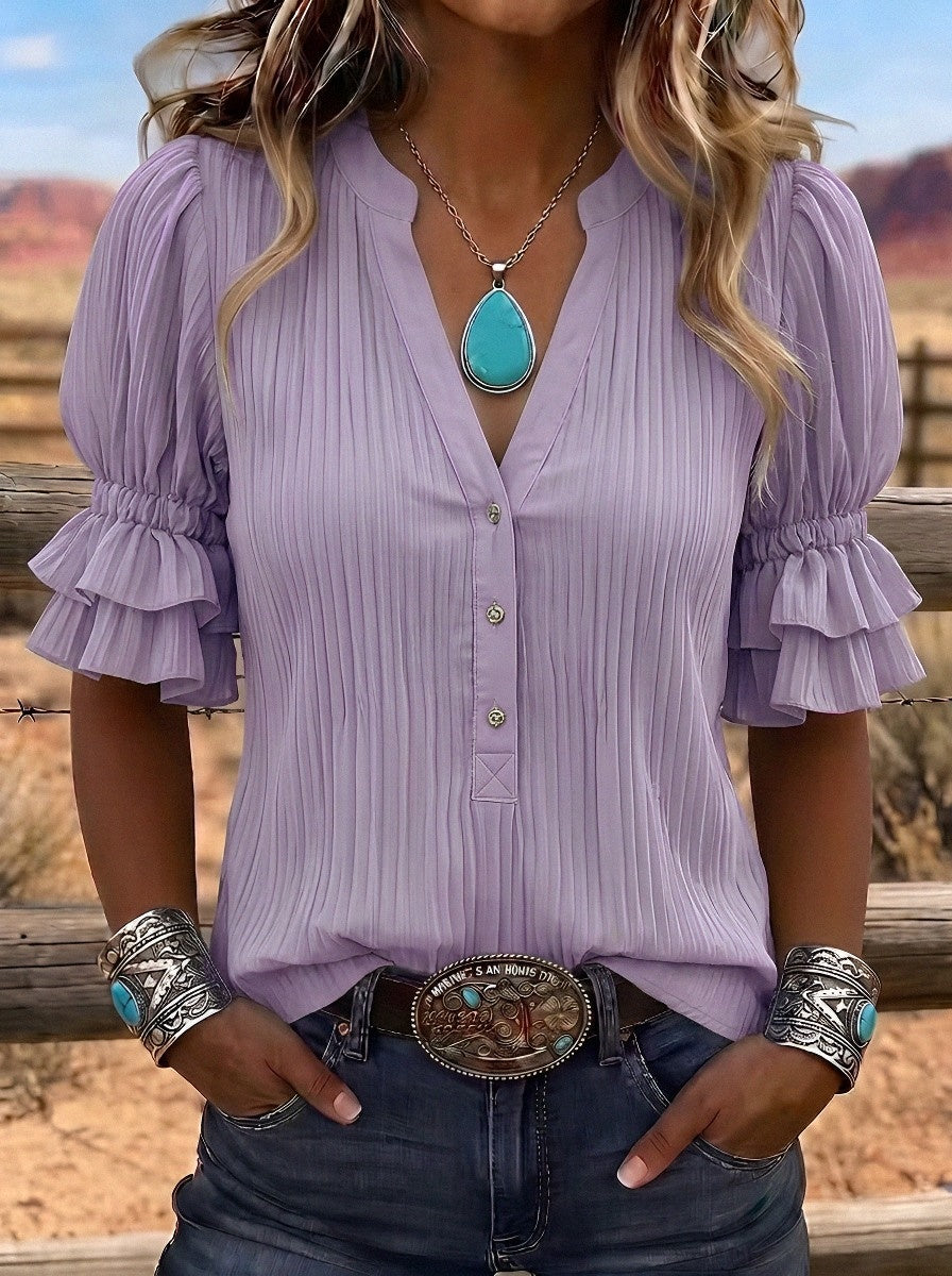 Women's Western Vintage Ruffle Sleeve Pleated Button-Down Top