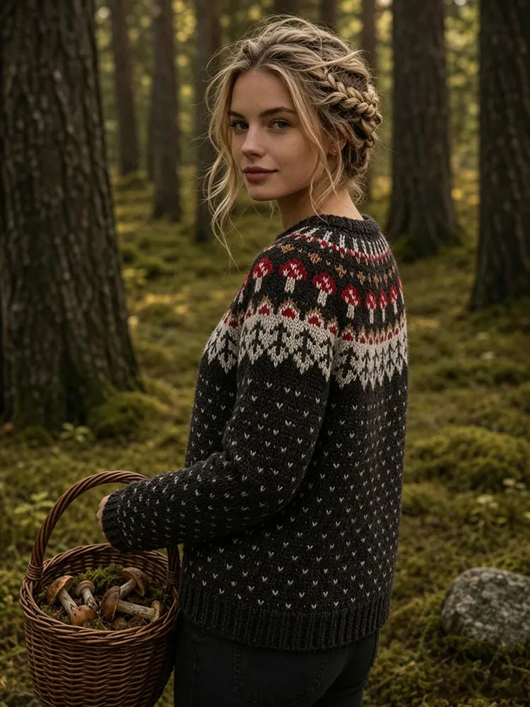 Women's Vintage Forest & Mushroom Motif Print Knitted Comfort Round Neck Sweater