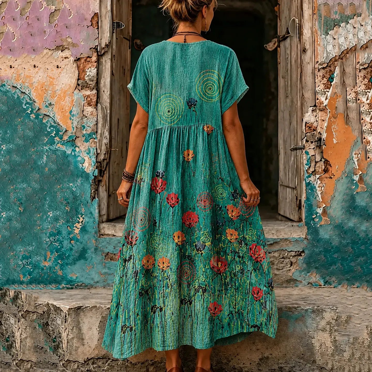 Women's Retro Hippie Floral Pattern Art Embroidered Linen Blend Maxi Dress