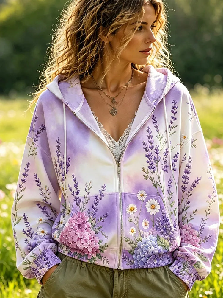Women's Lavender & Hydrangea Floral Zip-up Hoodie - Tie-dye Effect Drawstring Hooded Jacket