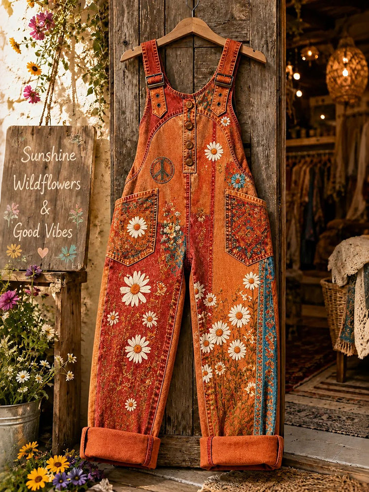 Retro Floral Ethnic Style Casual Cotton And Linen Overalls