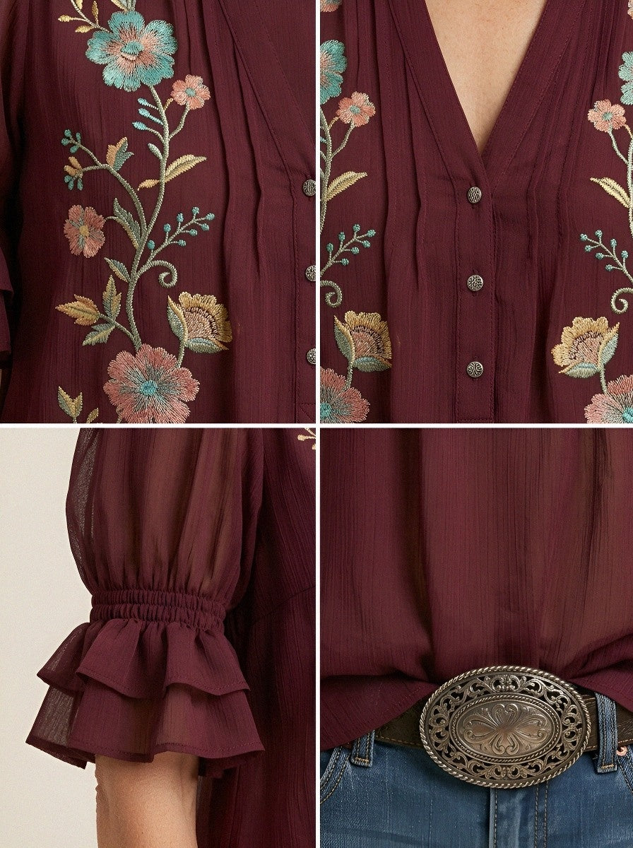 Women's Western Vintage Floral Embroidered Ruffle Sleeve Top