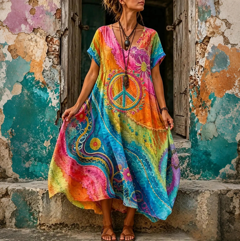 Women's Hippie Floral Peace Sign Tie Dye Art  Casual V Neck Linen Dress