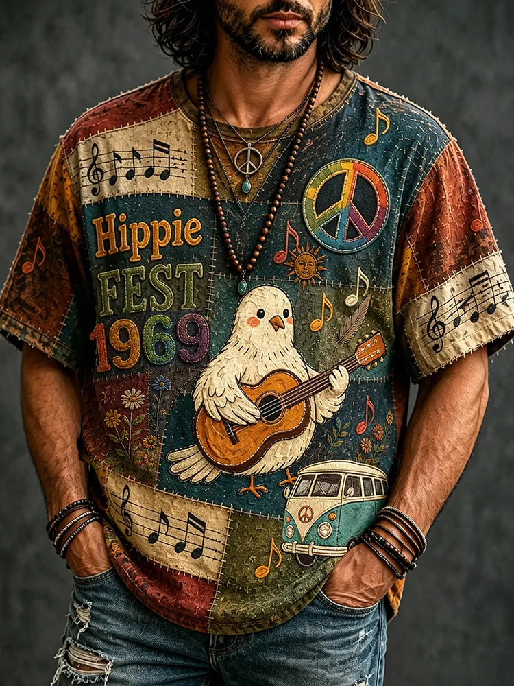 Men's Hippie Music With Pigeons Playing Guitar Patchwork Pattern Print T-shirt