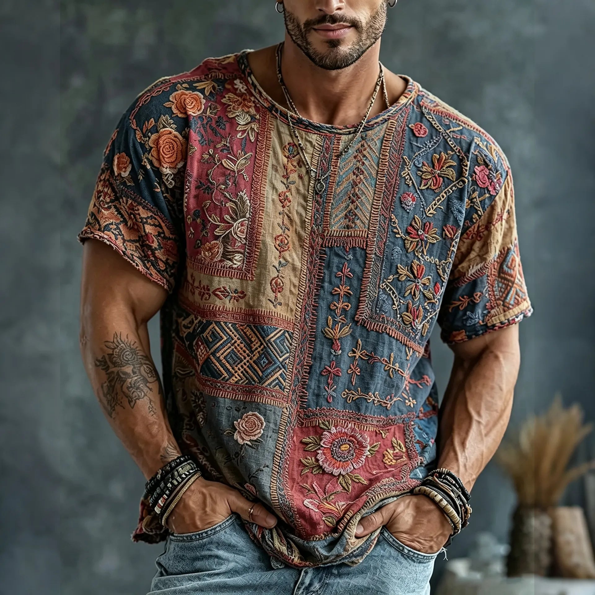 Men's Vintage Floral  Patchwork Embroidered Art Print Flowy Linen Blend Casual Tshirt