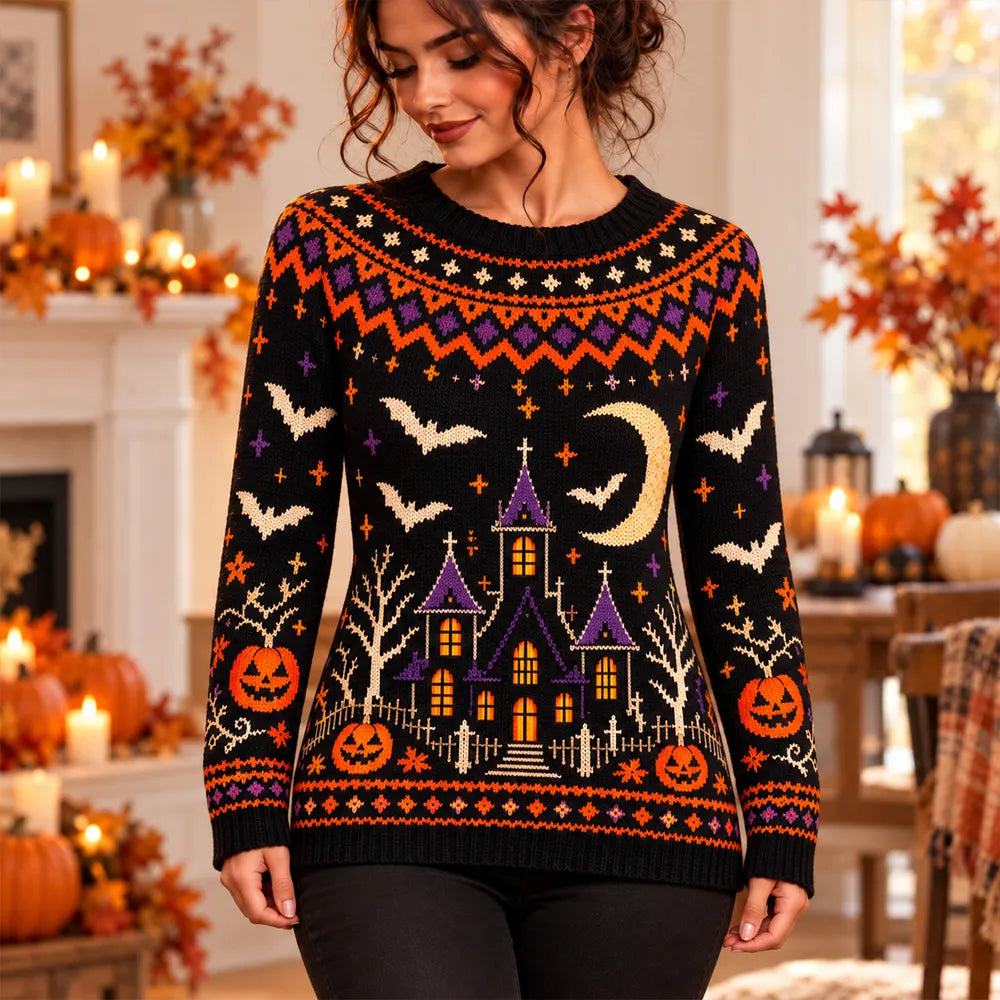 Women's Halloween Spooky Castle And Bats Knit Sweater