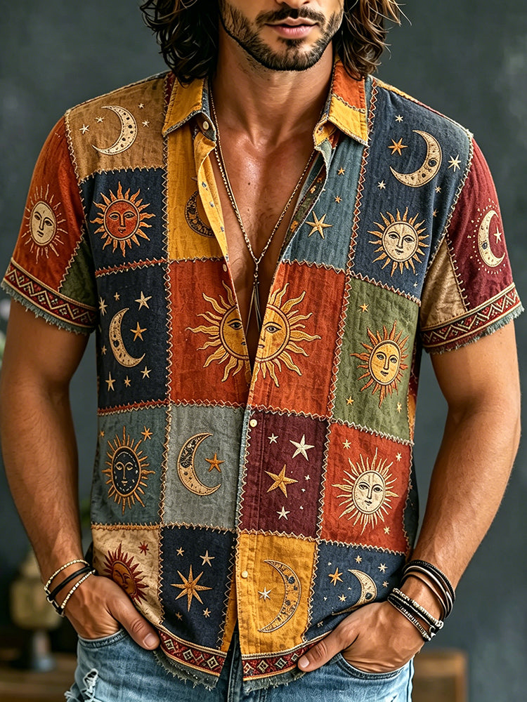 Men's Hippie Sun Moon Geometric Patchwork Print Short Sleeve Shirt