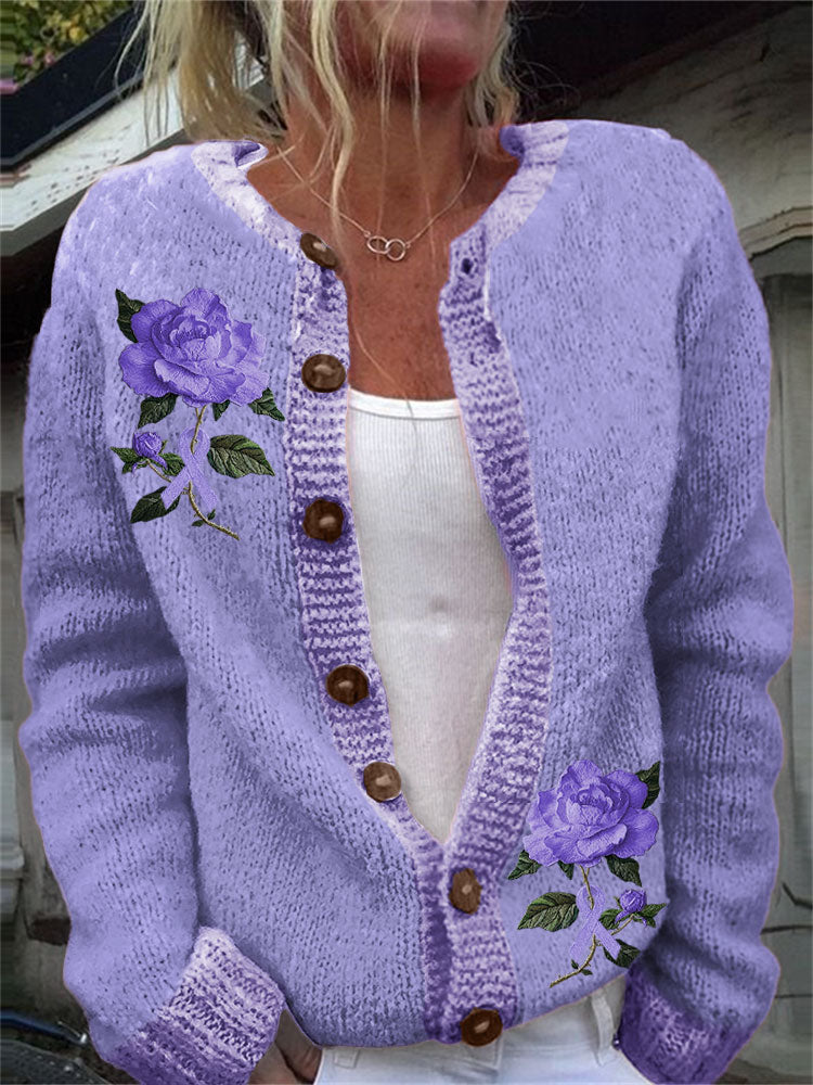 Rose With Purple Ribbon Embroidered Cozy Knit Sweater