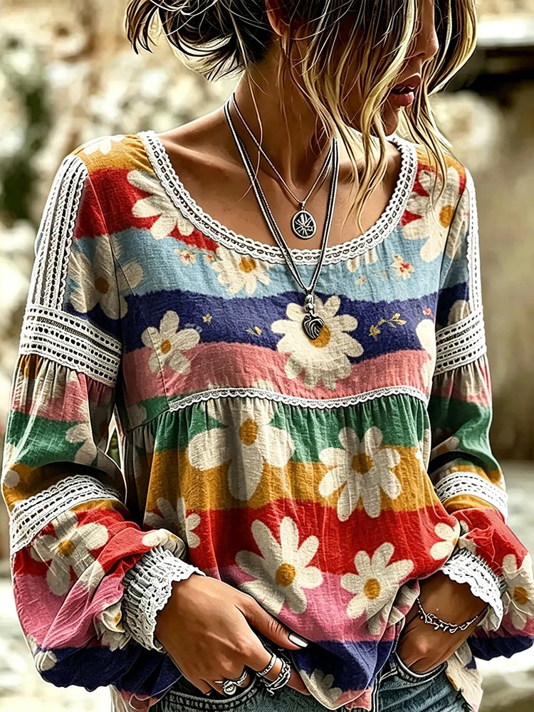 Women's Retro Colorful Striped Floral Print Crew Neck Long Sleeve Cotton Linen T-shirt