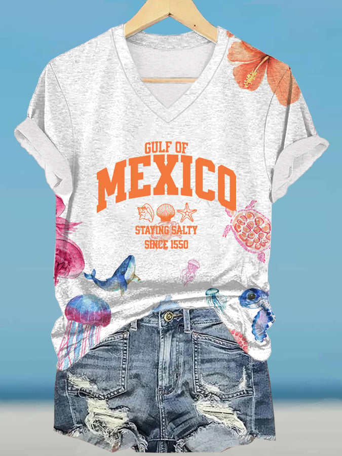 Women's Gulf Of Mexico Print V Neck T-Shirt