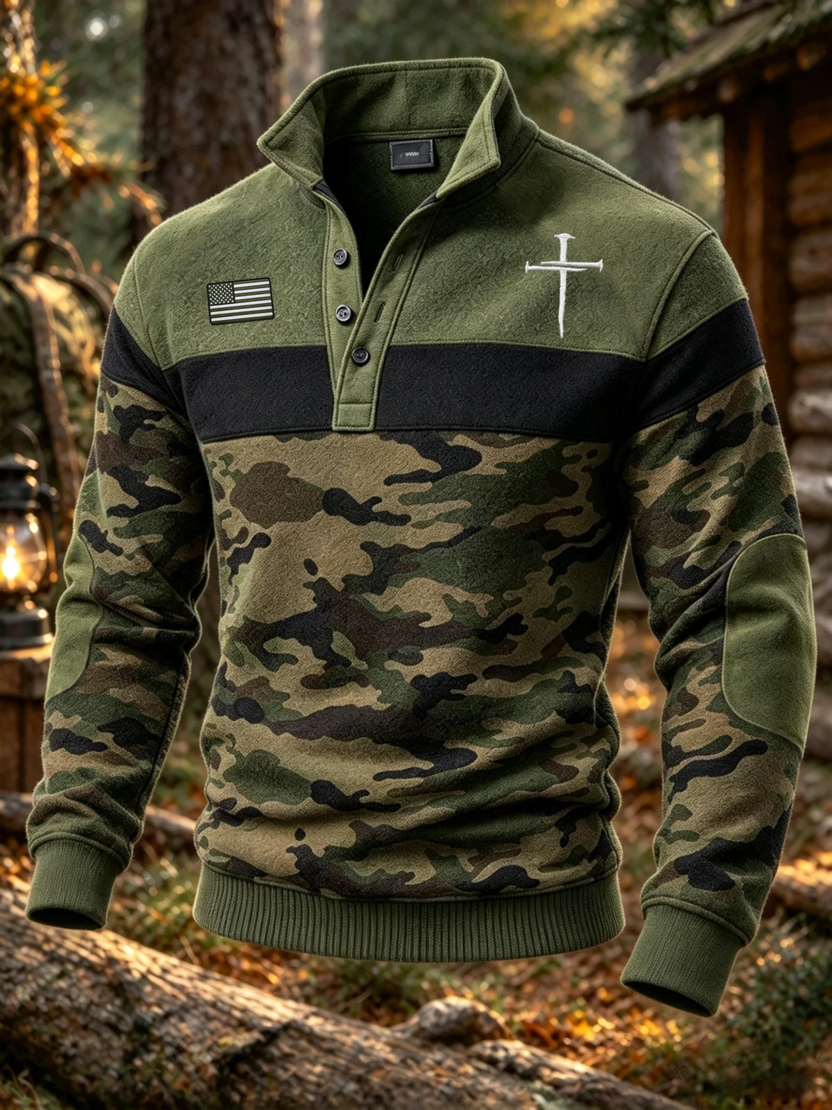 Men's "Faith" Jungle Camo Stand-Collar Poly-Cotton Sweatshirt