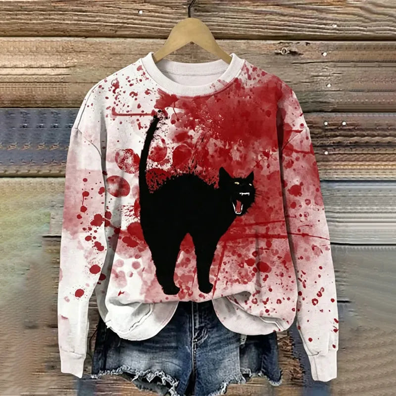 Women's Halloween Blood-stained Cat Paw Print Crewneck Sweatshirt