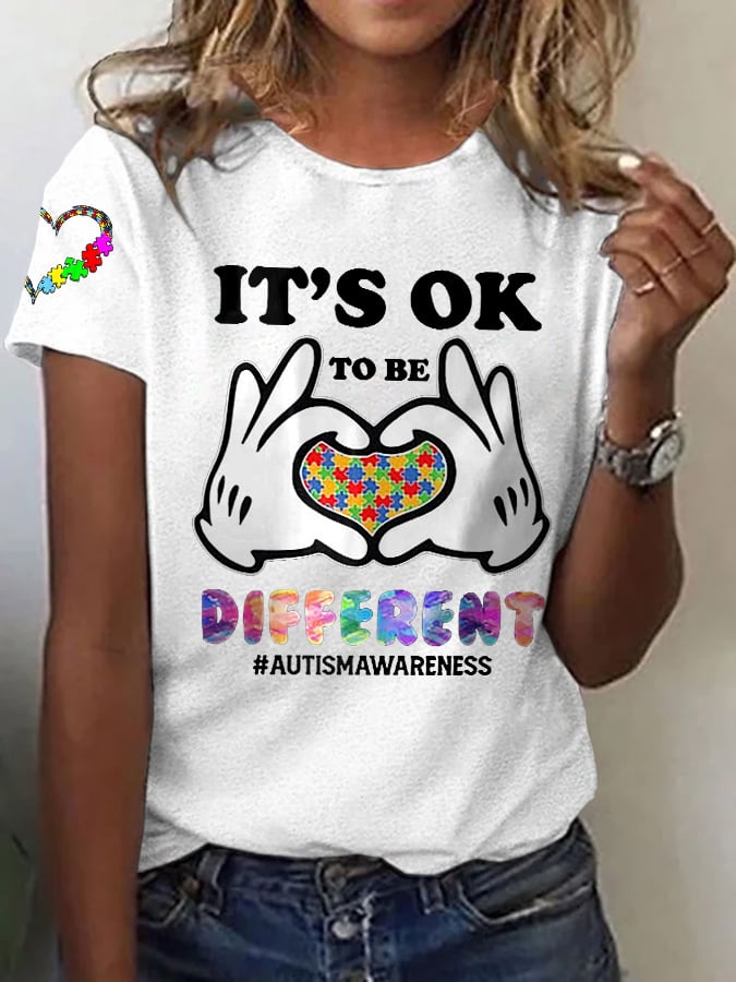 Women's It'S Ok To Be Different Autism Awareness Printed Casual T-Shirt