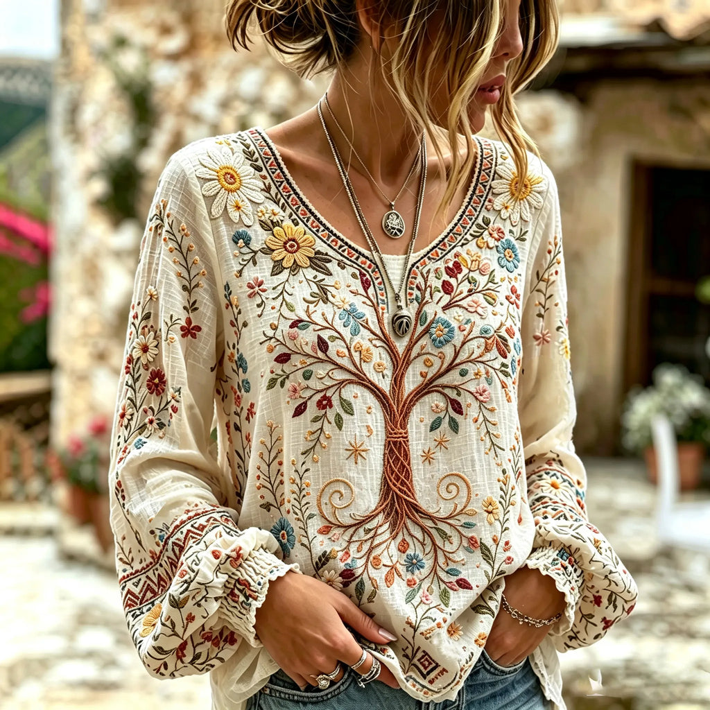 Women's Vintage Life Tree Art Print Flowy Linen Blend Linen Blend Long Sleeve Casual Tops