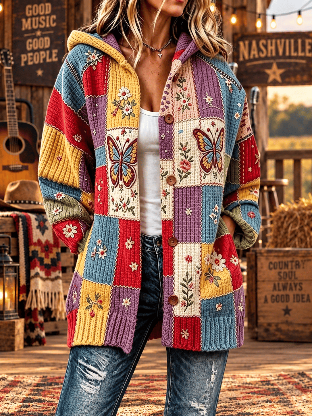 Legendary Female Singer Printed Knitted Plush Coat