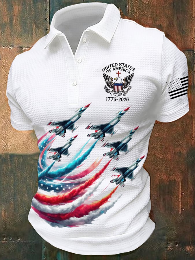 Men's 250th Anniversary Print Casual Waffle-Knit Polo Shirt