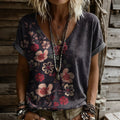 Women's Retro Floral Art Print Casual V-neck T-shirt