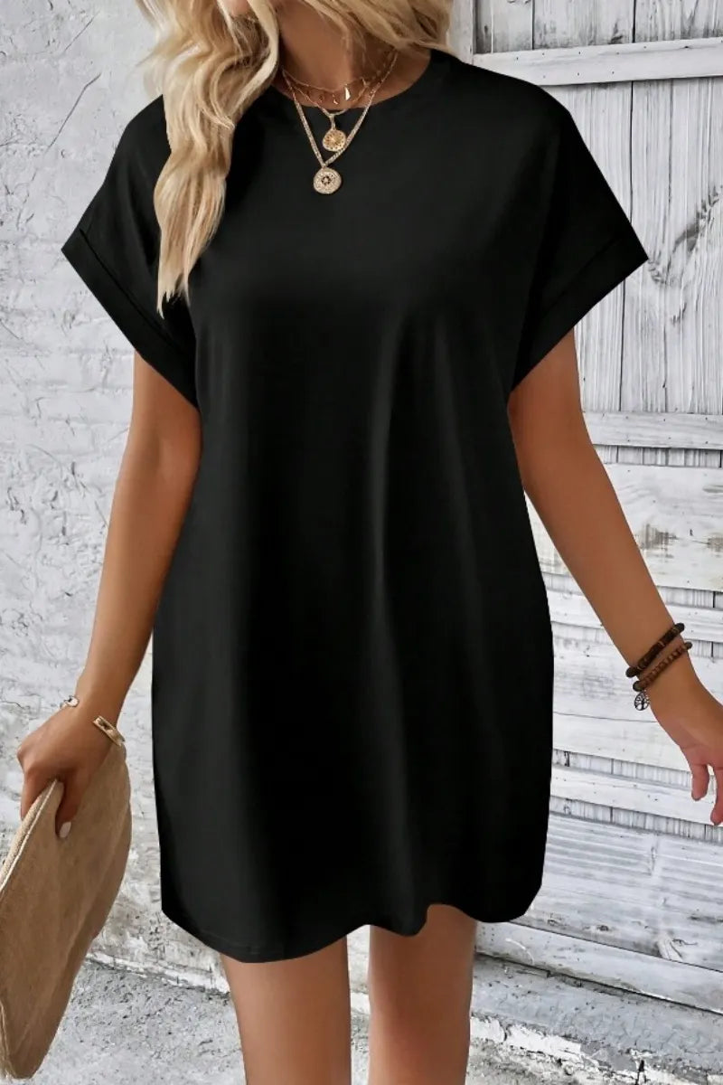 Casual Minimalist Round Neck Roll Up Sleeve Dress