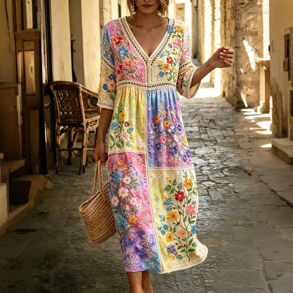 Women's Vintage Patchwork Floral Art Pattern Casual Midi Dress