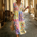 Women's Vintage Patchwork Floral Art Pattern Casual Midi Dress