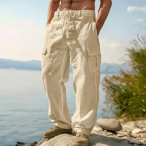 Men's Linen Cargo Pants Drawstring Multi-Pocket Straight Leg Breathable Outdoor Beach Classic Casual Long Pants